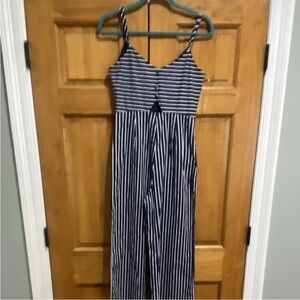 Main Strip Navy and White Striped Cropped Jumpsuit